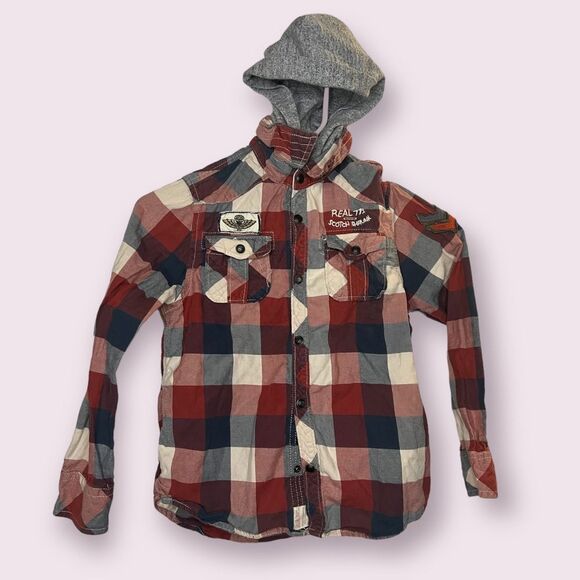 Scotch Shrunk Long Sleeve Removable Hood Button Up Plaid Sz 8 - Picture 3 of 13